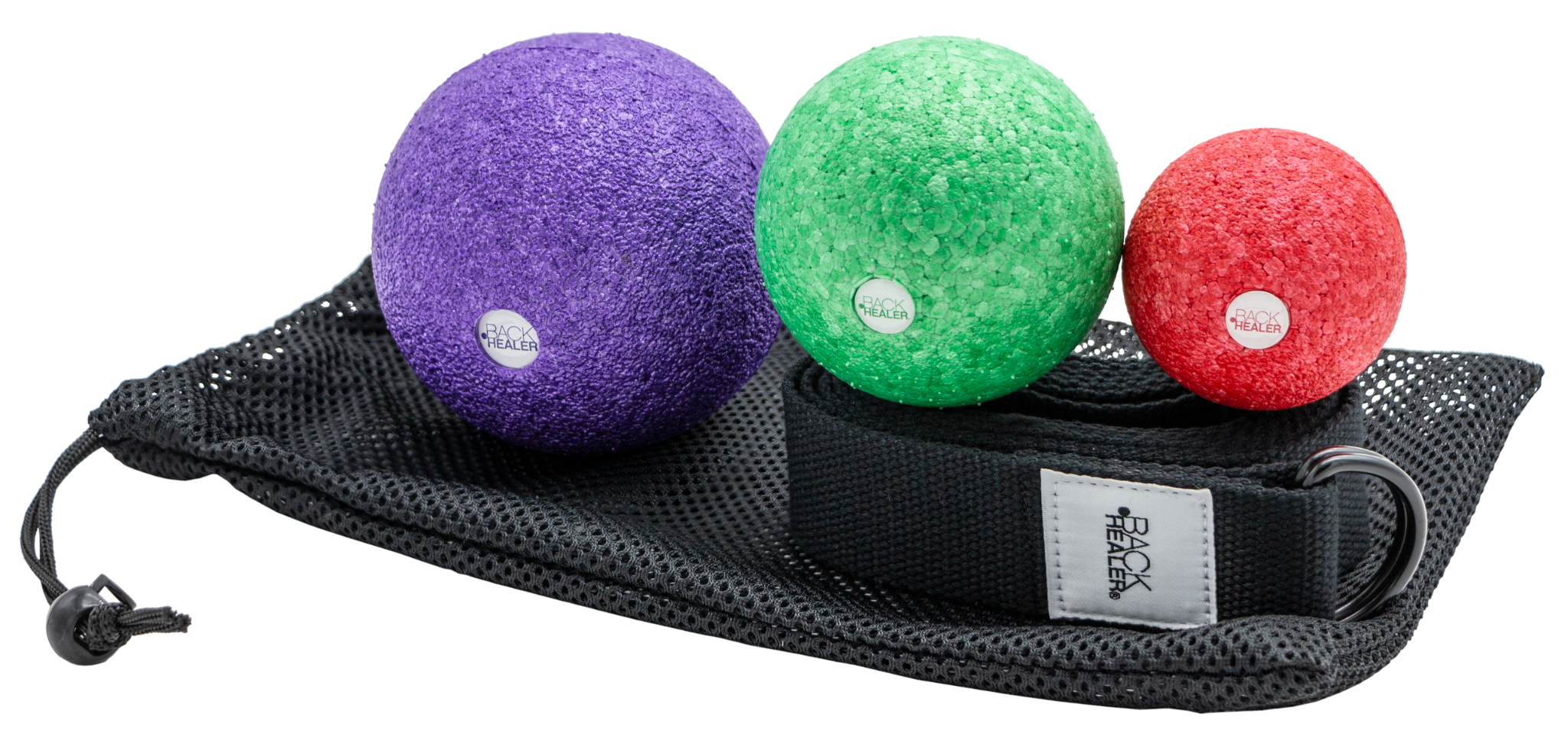 Backhealer acupressure balls, strap and carry bag